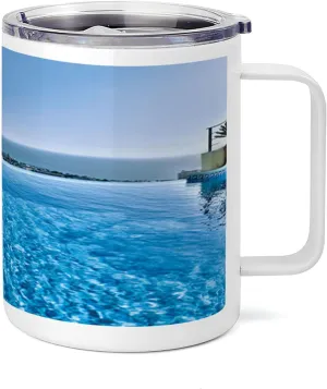 Lunarable Holiday 10 Oz Steel Mug, View from Infinity Swimming Pool Tropical Seaside Villa Seascape Travel Destination Print, Vacuum Insulated Leak-resistant Cup for Outdoor Hiking and Picnics, Blue