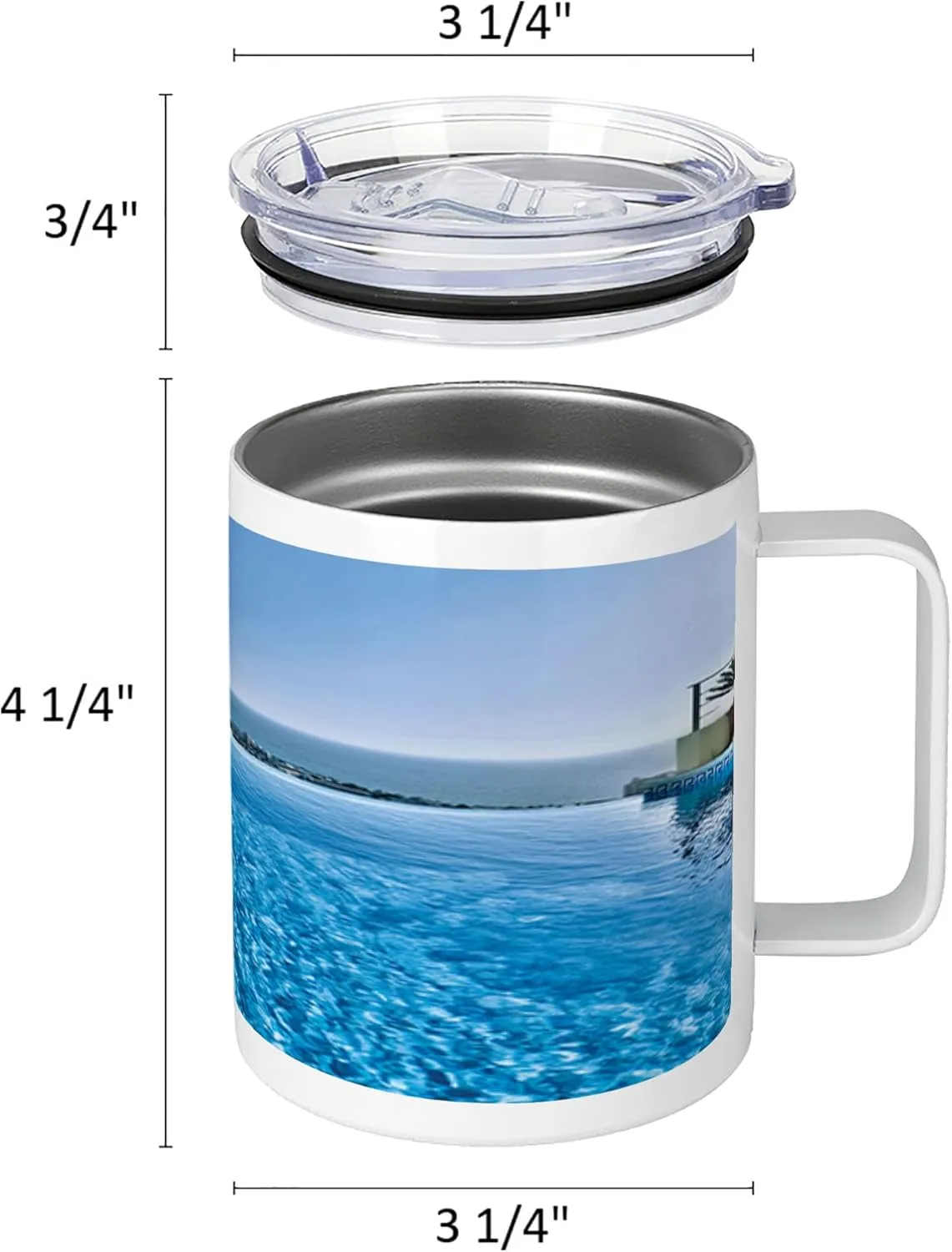 Lunarable Holiday 10 Oz Steel Mug, View from Infinity Swimming Pool Tropical Seaside Villa Seascape Travel Destination Print, Vacuum Insulated Leak-resistant Cup for Outdoor Hiking and Picnics, Blue