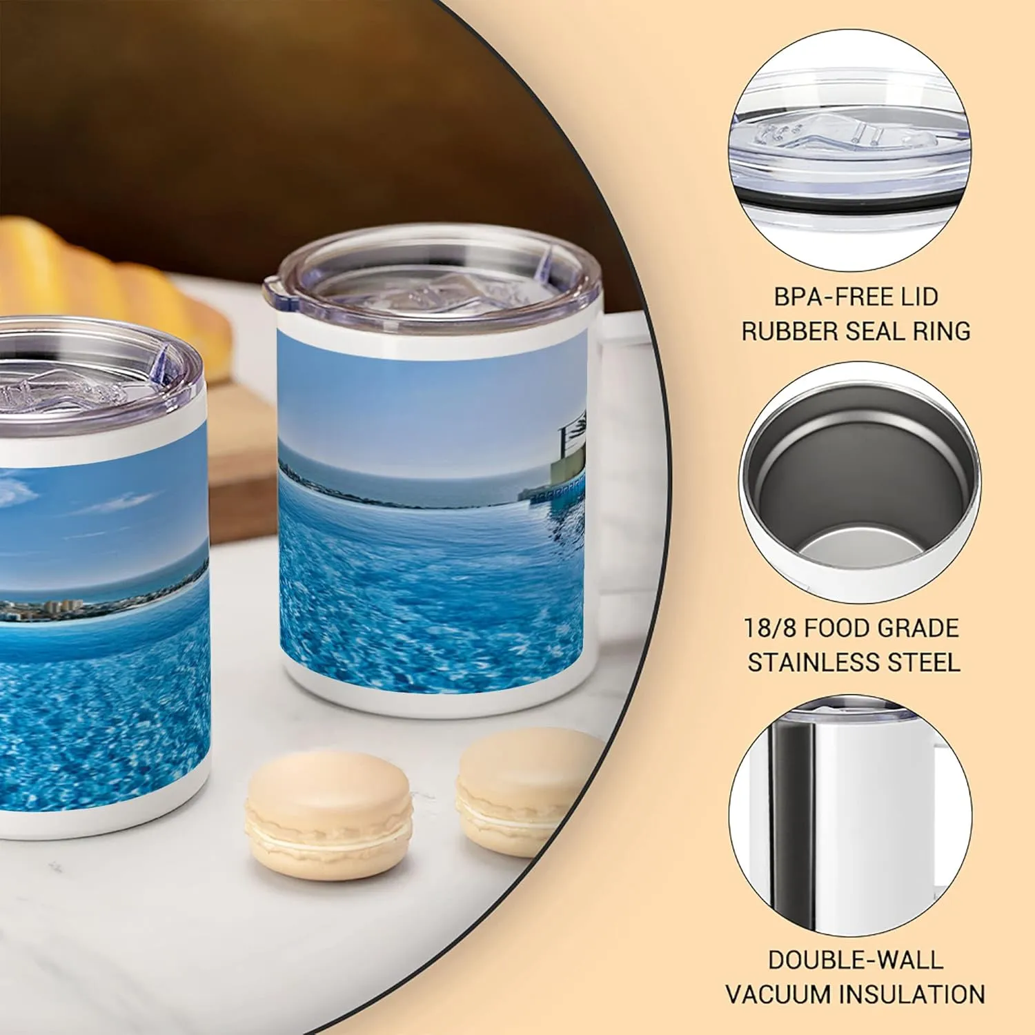 Lunarable Holiday 10 Oz Steel Mug, View from Infinity Swimming Pool Tropical Seaside Villa Seascape Travel Destination Print, Vacuum Insulated Leak-resistant Cup for Outdoor Hiking and Picnics, Blue