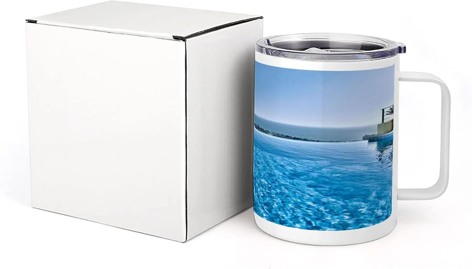 Lunarable Holiday 10 Oz Steel Mug, View from Infinity Swimming Pool Tropical Seaside Villa Seascape Travel Destination Print, Vacuum Insulated Leak-resistant Cup for Outdoor Hiking and Picnics, Blue