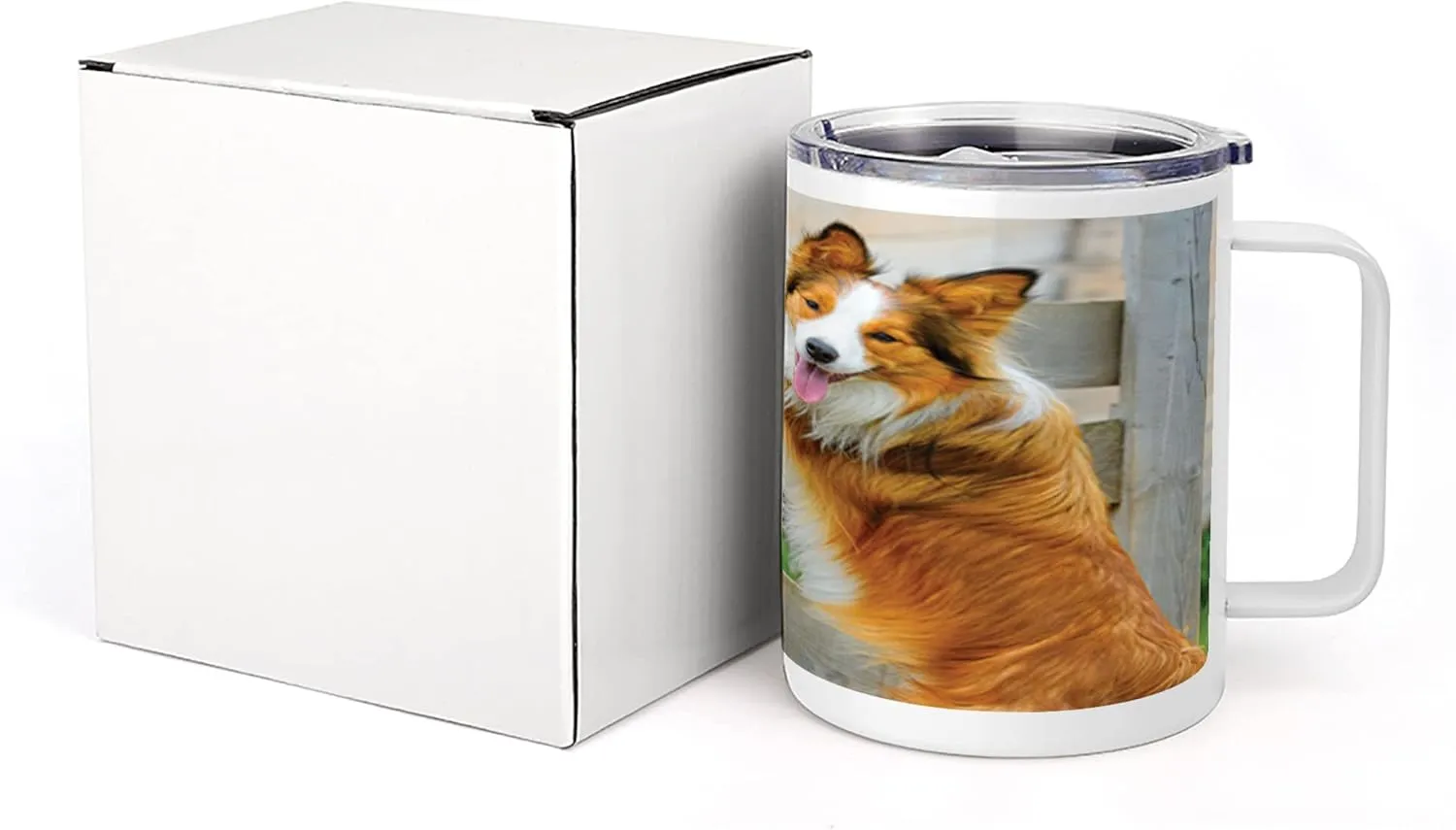Lunarable Nature 10 Oz Steel Mug, Pony and Border Collie Dog are Dating Friendship Companionship Themed Nature, Vacuum Insulated Leak-resistant Cup for Outdoor Hiking and Picnics, Amber Tan Grey