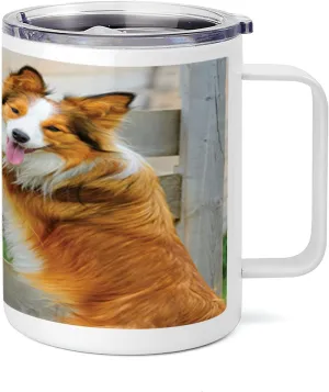 Lunarable Nature 10 Oz Steel Mug, Pony and Border Collie Dog are Dating Friendship Companionship Themed Nature, Vacuum Insulated Leak-resistant Cup for Outdoor Hiking and Picnics, Amber Tan Grey