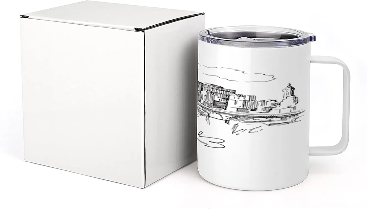 Lunarable NYC 10 Oz Steel Mug, New York City Contemporary Business Metropolis Corporate Town Monochromic Sketch, Vacuum Insulated Leak-resistant Cup for Outdoor Hiking and Picnics, Black and White
