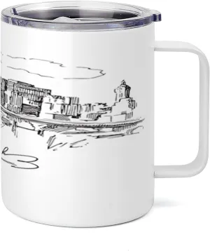 Lunarable NYC 10 Oz Steel Mug, New York City Contemporary Business Metropolis Corporate Town Monochromic Sketch, Vacuum Insulated Leak-resistant Cup for Outdoor Hiking and Picnics, Black and White