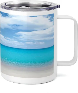 Lunarable Ocean 10 Oz Steel Mug, Solitude Peaceful Beach Scene Sea and Cloudy Sky Paradise View Print, Vacuum Insulated Leak-resistant Cup for Outdoor Hiking and Picnics, Aqua Blue and Ivory