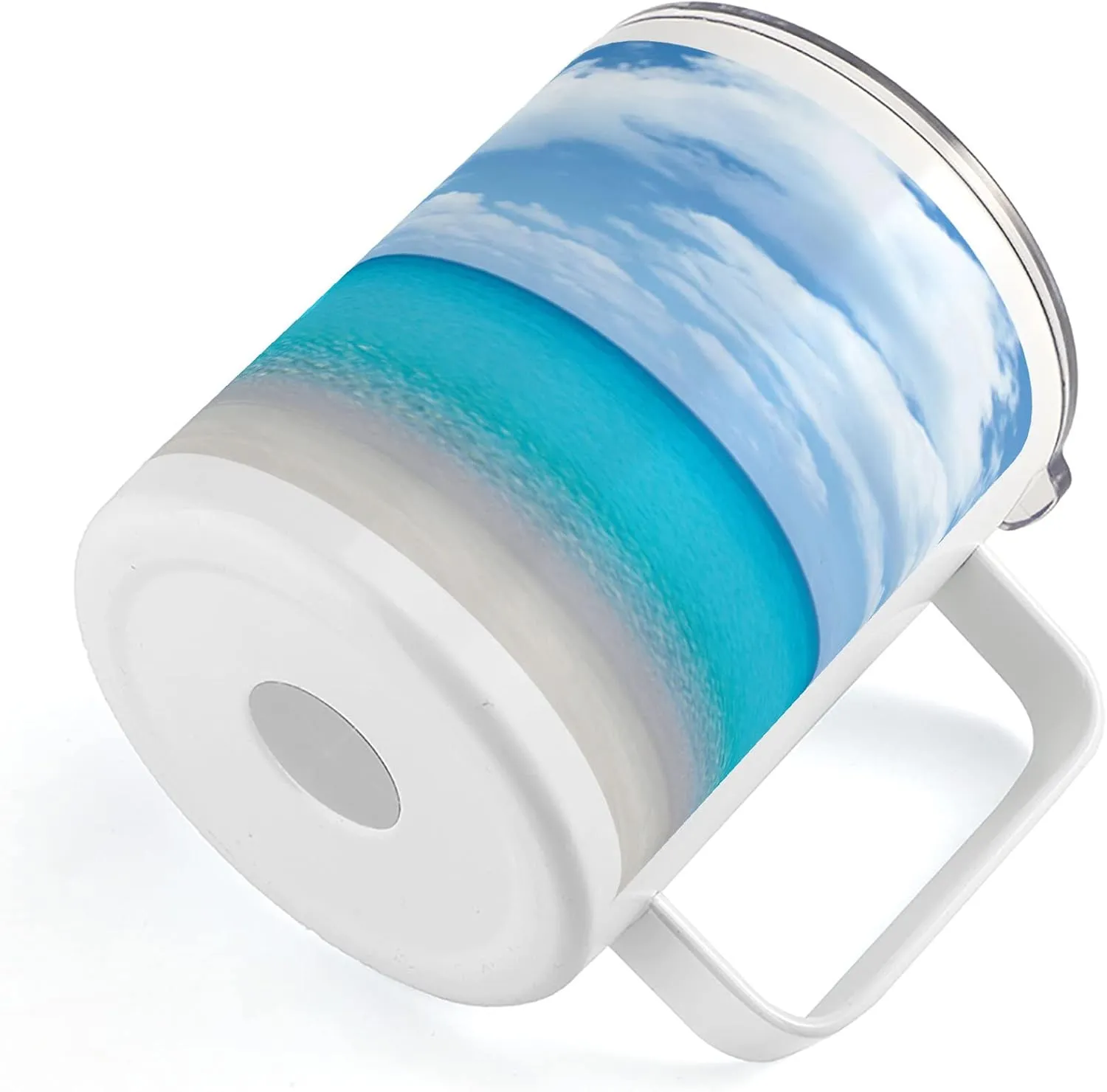 Lunarable Ocean 10 Oz Steel Mug, Solitude Peaceful Beach Scene Sea and Cloudy Sky Paradise View Print, Vacuum Insulated Leak-resistant Cup for Outdoor Hiking and Picnics, Aqua Blue and Ivory