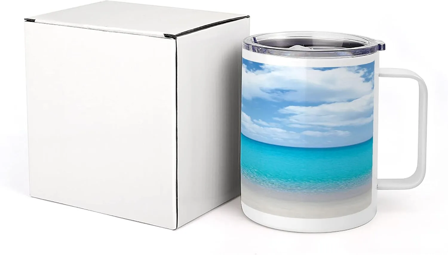 Lunarable Ocean 10 Oz Steel Mug, Solitude Peaceful Beach Scene Sea and Cloudy Sky Paradise View Print, Vacuum Insulated Leak-resistant Cup for Outdoor Hiking and Picnics, Aqua Blue and Ivory
