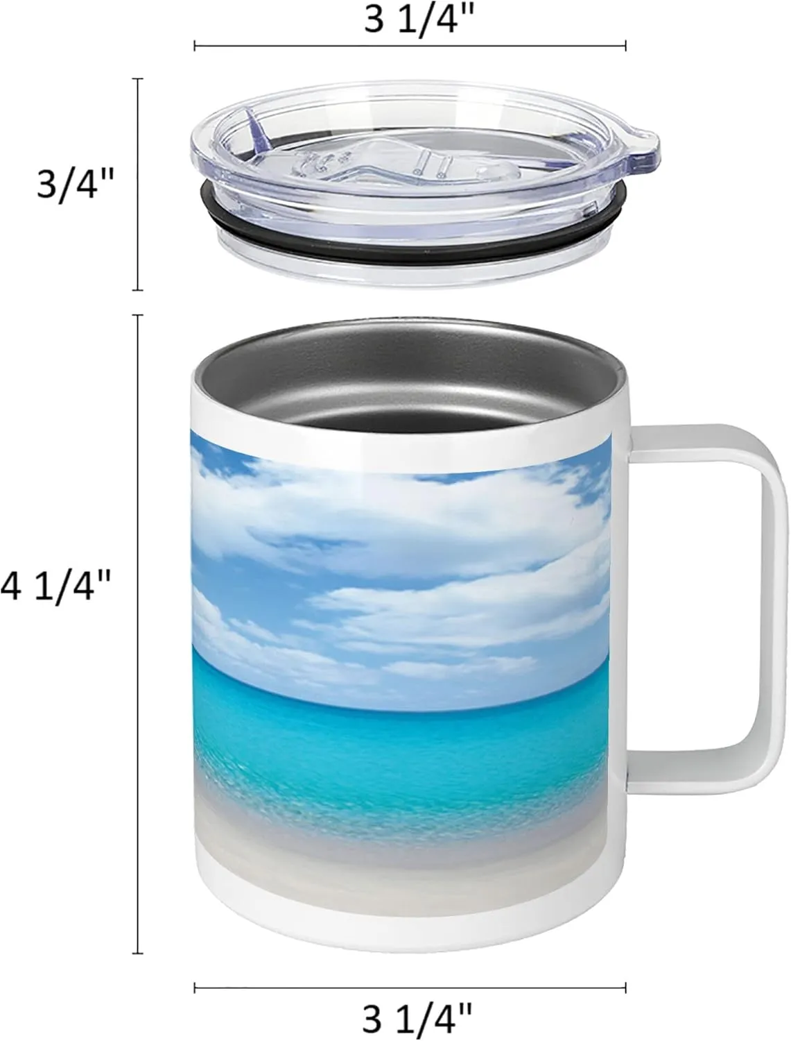 Lunarable Ocean 10 Oz Steel Mug, Solitude Peaceful Beach Scene Sea and Cloudy Sky Paradise View Print, Vacuum Insulated Leak-resistant Cup for Outdoor Hiking and Picnics, Aqua Blue and Ivory