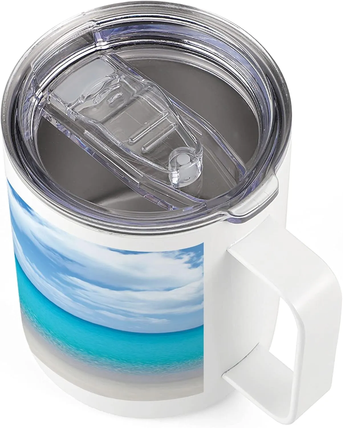 Lunarable Ocean 10 Oz Steel Mug, Solitude Peaceful Beach Scene Sea and Cloudy Sky Paradise View Print, Vacuum Insulated Leak-resistant Cup for Outdoor Hiking and Picnics, Aqua Blue and Ivory