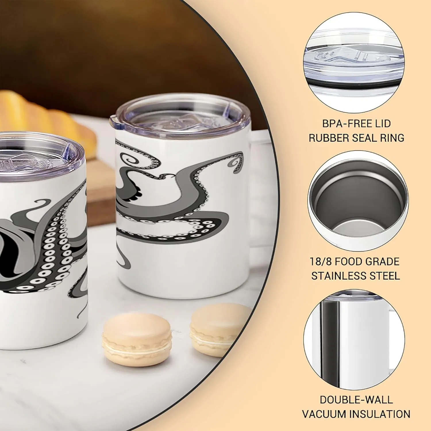 Lunarable Octopus 10 Oz Steel Mug, Monster Kraken Octopus with Large Tentacles Illustration Underwater Marine Life, Vacuum Insulated Leak-resistant Cup for Outdoor Hiking and Picnics, Black Grey