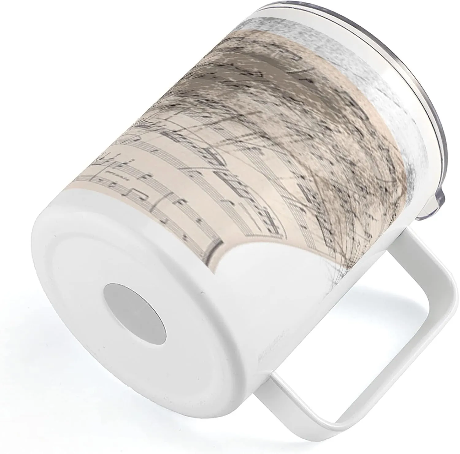 Lunarable Peacock 10 Oz Steel Mug, Music Notes Sheet Texture Animal Feather Evil Eye on Antique Style Musical Theme, Vacuum Insulated Leak-resistant Cup for Outdoor Hiking and Picnics, Beige