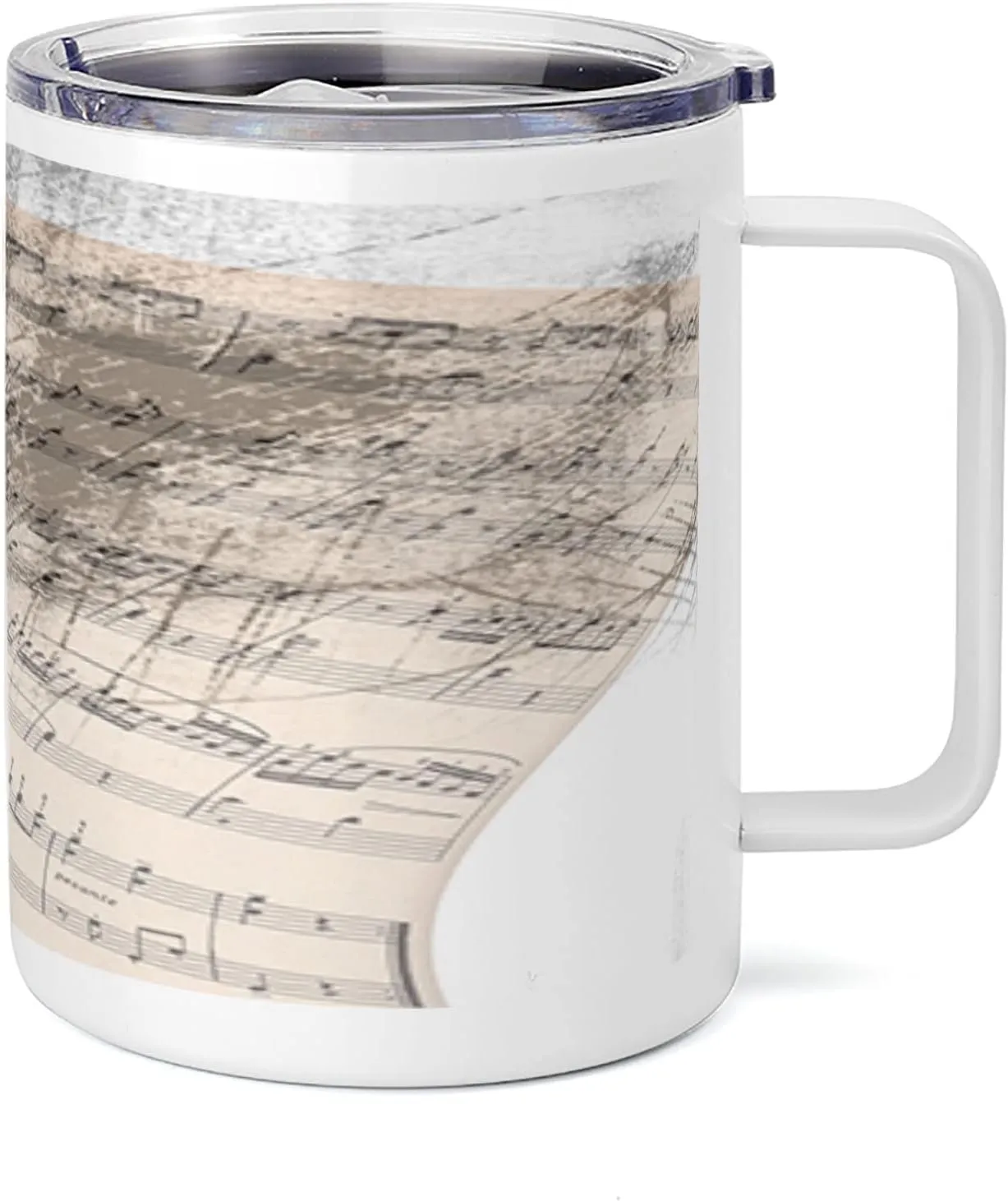 Lunarable Peacock 10 Oz Steel Mug, Music Notes Sheet Texture Animal Feather Evil Eye on Antique Style Musical Theme, Vacuum Insulated Leak-resistant Cup for Outdoor Hiking and Picnics, Beige