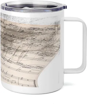 Lunarable Peacock 10 Oz Steel Mug, Music Notes Sheet Texture Animal Feather Evil Eye on Antique Style Musical Theme, Vacuum Insulated Leak-resistant Cup for Outdoor Hiking and Picnics, Beige
