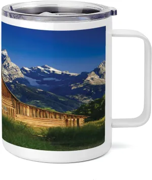 Lunarable Rustic 10 Oz Steel Mug, Moulton Barn and Teton Mountain Range in Grand Teton National Park Wyoming, Vacuum Insulated Leak-resistant Cup for Outdoor Hiking and Picnics, Blue Brown Green