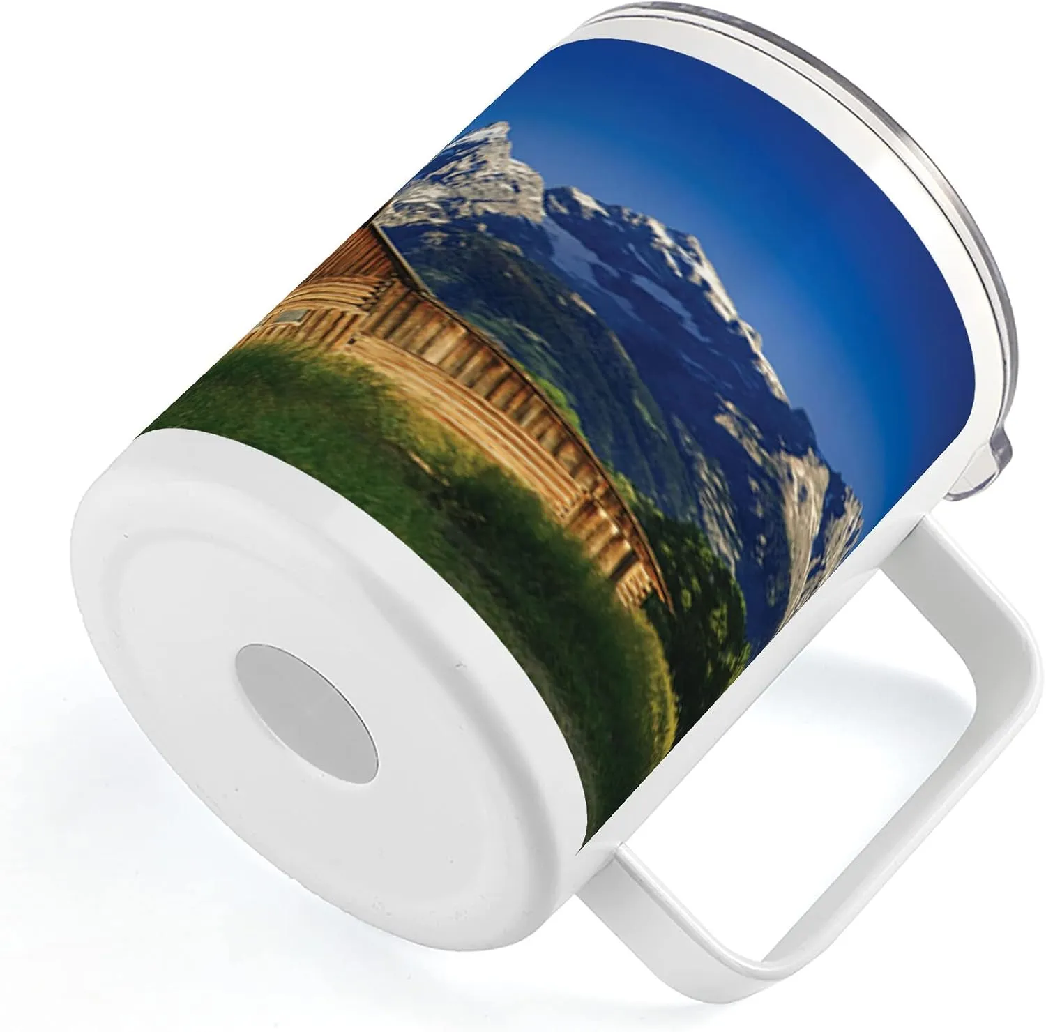 Lunarable Rustic 10 Oz Steel Mug, Moulton Barn and Teton Mountain Range in Grand Teton National Park Wyoming, Vacuum Insulated Leak-resistant Cup for Outdoor Hiking and Picnics, Blue Brown Green