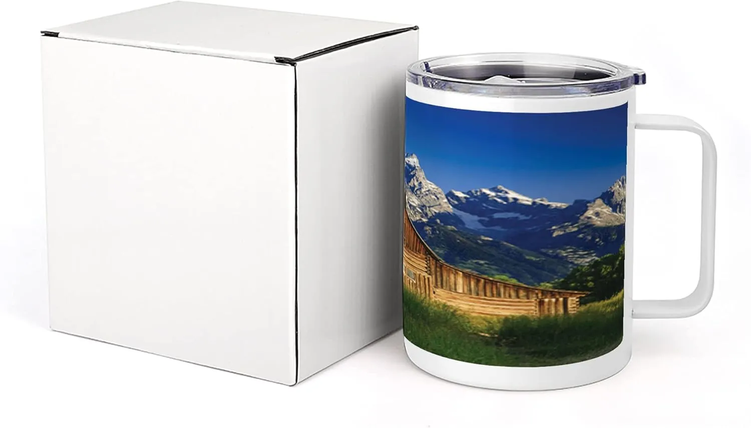 Lunarable Rustic 10 Oz Steel Mug, Moulton Barn and Teton Mountain Range in Grand Teton National Park Wyoming, Vacuum Insulated Leak-resistant Cup for Outdoor Hiking and Picnics, Blue Brown Green