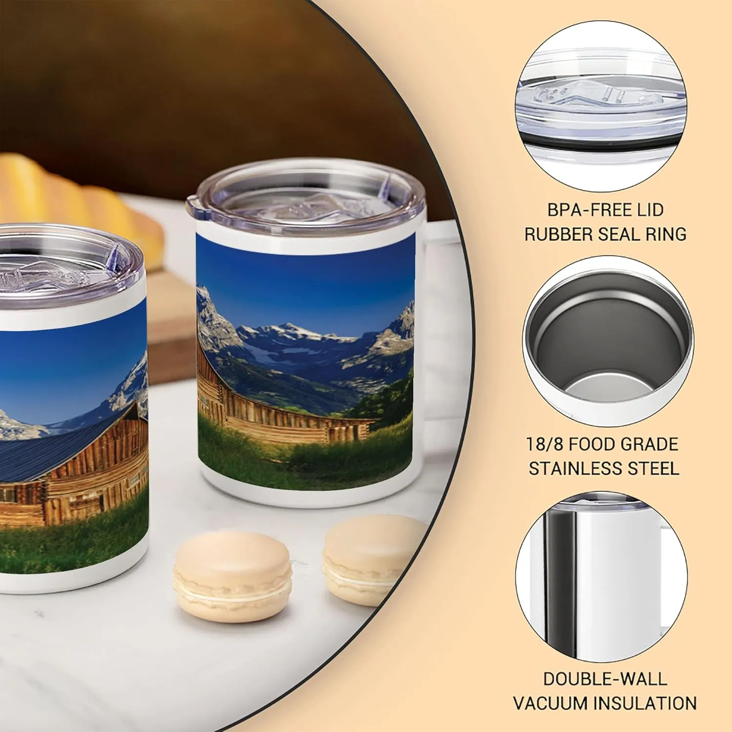 Lunarable Rustic 10 Oz Steel Mug, Moulton Barn and Teton Mountain Range in Grand Teton National Park Wyoming, Vacuum Insulated Leak-resistant Cup for Outdoor Hiking and Picnics, Blue Brown Green