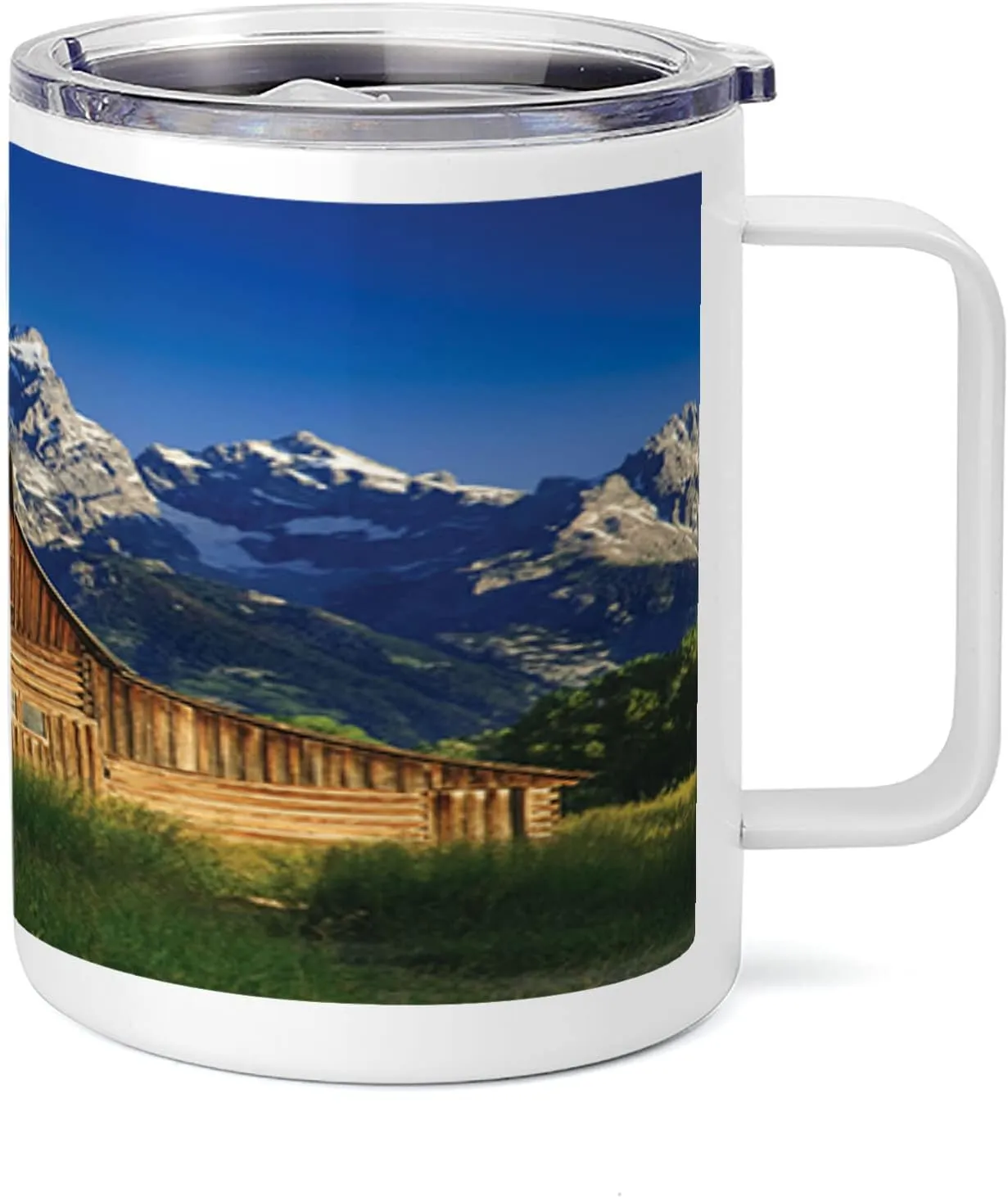 Lunarable Rustic 10 Oz Steel Mug, Moulton Barn and Teton Mountain Range in Grand Teton National Park Wyoming, Vacuum Insulated Leak-resistant Cup for Outdoor Hiking and Picnics, Blue Brown Green