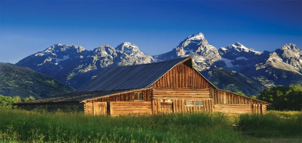 Lunarable Rustic 10 Oz Steel Mug, Moulton Barn and Teton Mountain Range in Grand Teton National Park Wyoming, Vacuum Insulated Leak-resistant Cup for Outdoor Hiking and Picnics, Blue Brown Green