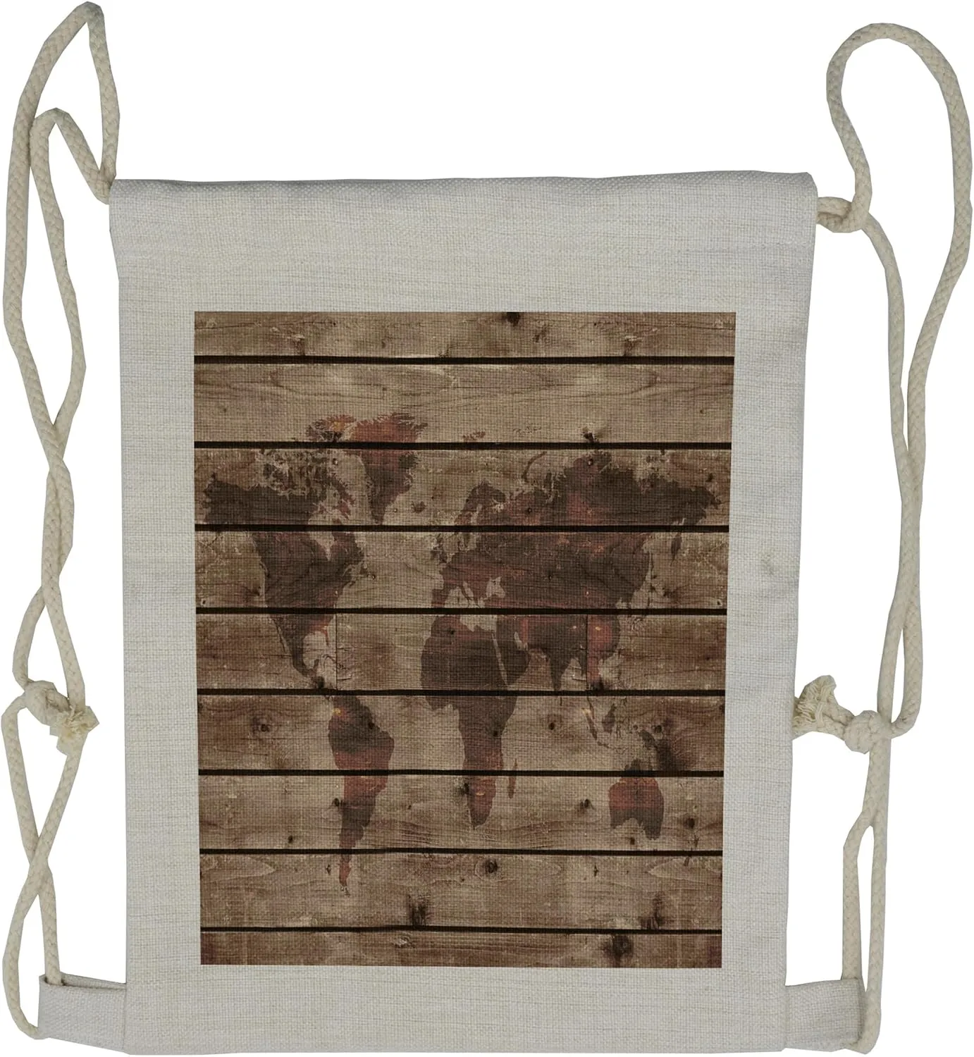 Lunarable Rustic World Map Drawstring Backpack, Atlas Wooden Board, Sackpack Bag