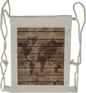 Lunarable Rustic World Map Drawstring Backpack, Atlas Wooden Board, Sackpack Bag