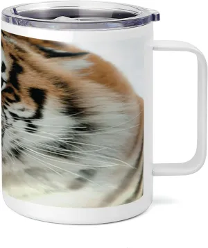 Lunarable Savannah 10 Oz Steel Mug, Siberian Tiger Roar Golden Yellow Eyes Attack Predator White Background, Vacuum Insulated Leak-resistant Cup for Outdoor Hiking and Picnics, Amber White and Black