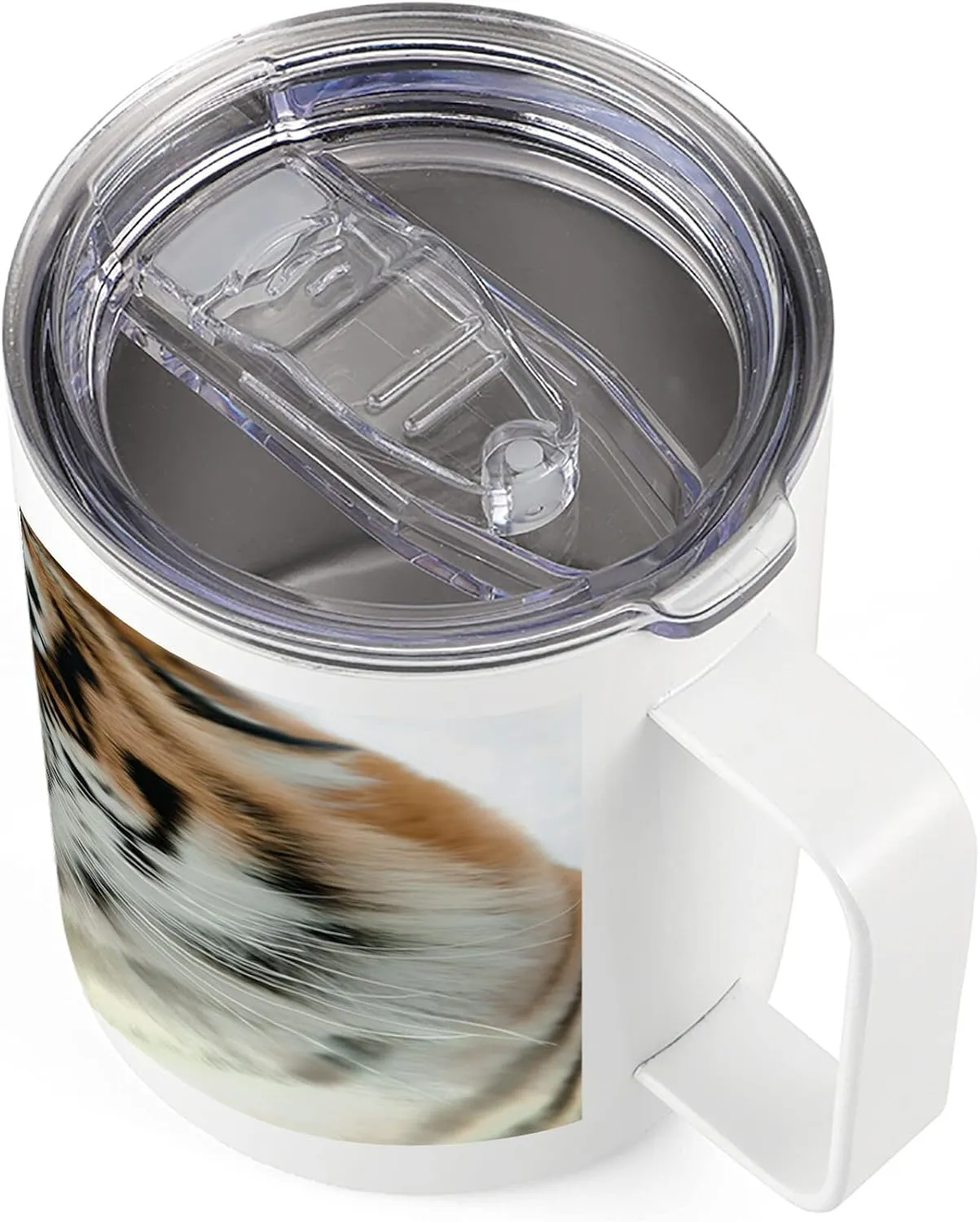 Lunarable Savannah 10 Oz Steel Mug, Siberian Tiger Roar Golden Yellow Eyes Attack Predator White Background, Vacuum Insulated Leak-resistant Cup for Outdoor Hiking and Picnics, Amber White and Black