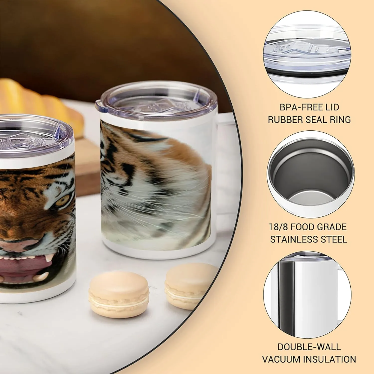 Lunarable Savannah 10 Oz Steel Mug, Siberian Tiger Roar Golden Yellow Eyes Attack Predator White Background, Vacuum Insulated Leak-resistant Cup for Outdoor Hiking and Picnics, Amber White and Black