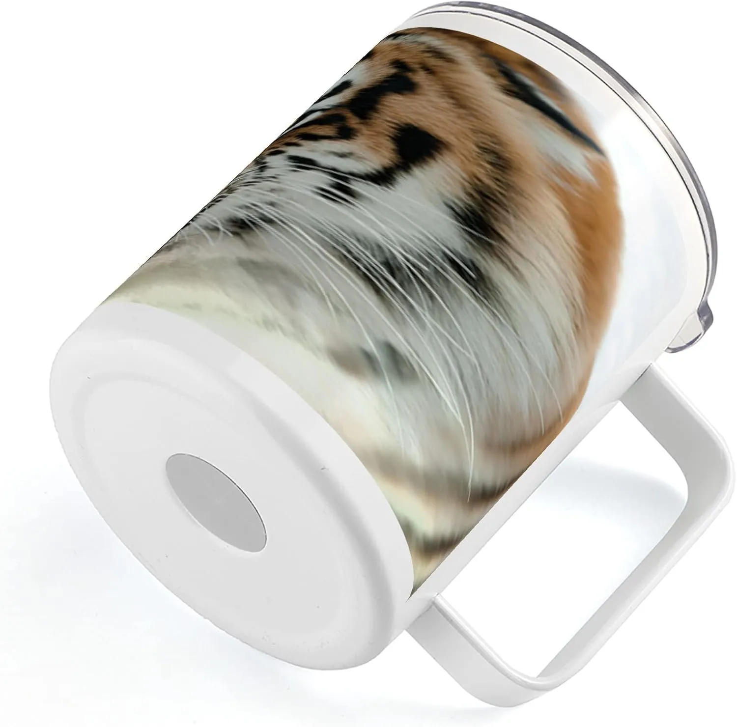 Lunarable Savannah 10 Oz Steel Mug, Siberian Tiger Roar Golden Yellow Eyes Attack Predator White Background, Vacuum Insulated Leak-resistant Cup for Outdoor Hiking and Picnics, Amber White and Black