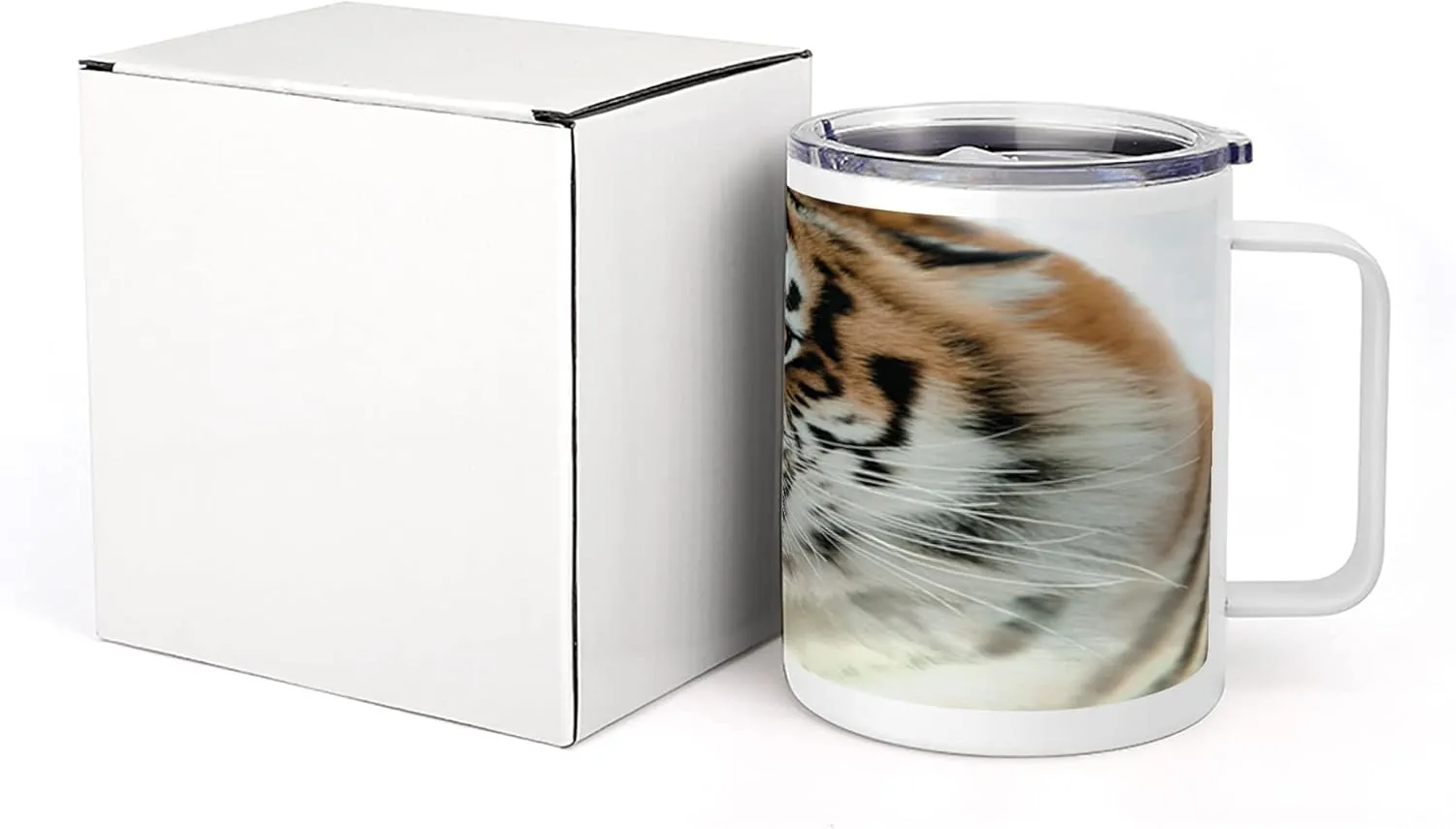 Lunarable Savannah 10 Oz Steel Mug, Siberian Tiger Roar Golden Yellow Eyes Attack Predator White Background, Vacuum Insulated Leak-resistant Cup for Outdoor Hiking and Picnics, Amber White and Black