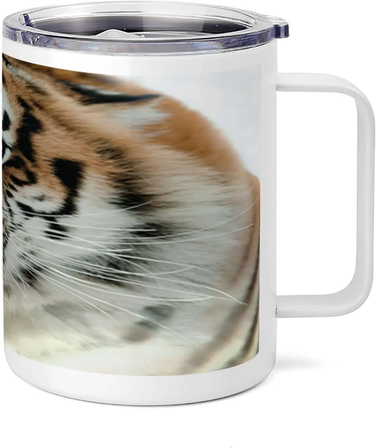 Lunarable Savannah 10 Oz Steel Mug, Siberian Tiger Roar Golden Yellow Eyes Attack Predator White Background, Vacuum Insulated Leak-resistant Cup for Outdoor Hiking and Picnics, Amber White and Black