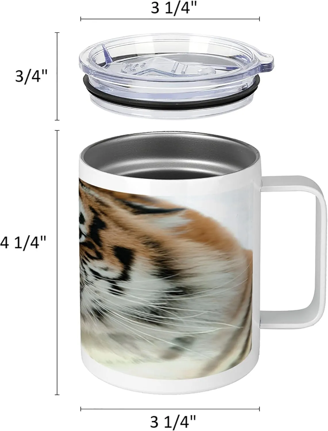 Lunarable Savannah 10 Oz Steel Mug, Siberian Tiger Roar Golden Yellow Eyes Attack Predator White Background, Vacuum Insulated Leak-resistant Cup for Outdoor Hiking and Picnics, Amber White and Black