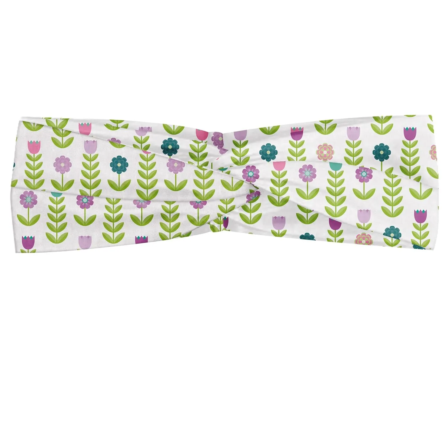 Lunarable Tulip Headband, Retro Graphic Flowers Tulips Camomiles Multiple Leaves Placed in Horizontal Order, Elastic and Soft Women's Bandana for Sports and Everyday Use, XS-S, Lilac Green
