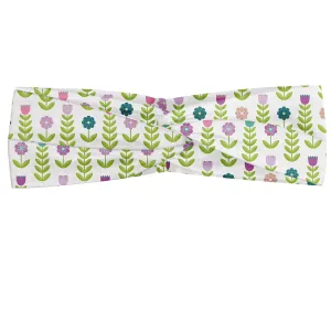 Lunarable Tulip Headband, Retro Graphic Flowers Tulips Camomiles Multiple Leaves Placed in Horizontal Order, Elastic and Soft Women's Bandana for Sports and Everyday Use, XS-S, Lilac Green