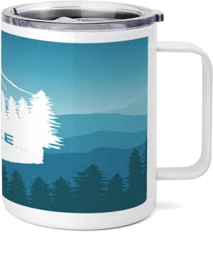 Lunarable Vintage 10 Oz Steel Mug, Explore More on Foreground of Mountain Range Pine Tree Forms Nature Adventure, Vacuum Insulated Leak-resistant Cup for Outdoor Hiking and Picnics, Navy White