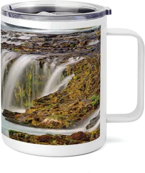 Lunarable Waterfall 10 Oz Steel Mug, Bruarfoss Waterfall in Iceland River Landscape and Wild Nature Image, Vacuum Insulated Leak-resistant Cup for Outdoor Hiking and Picnics, Brown White Pale Green