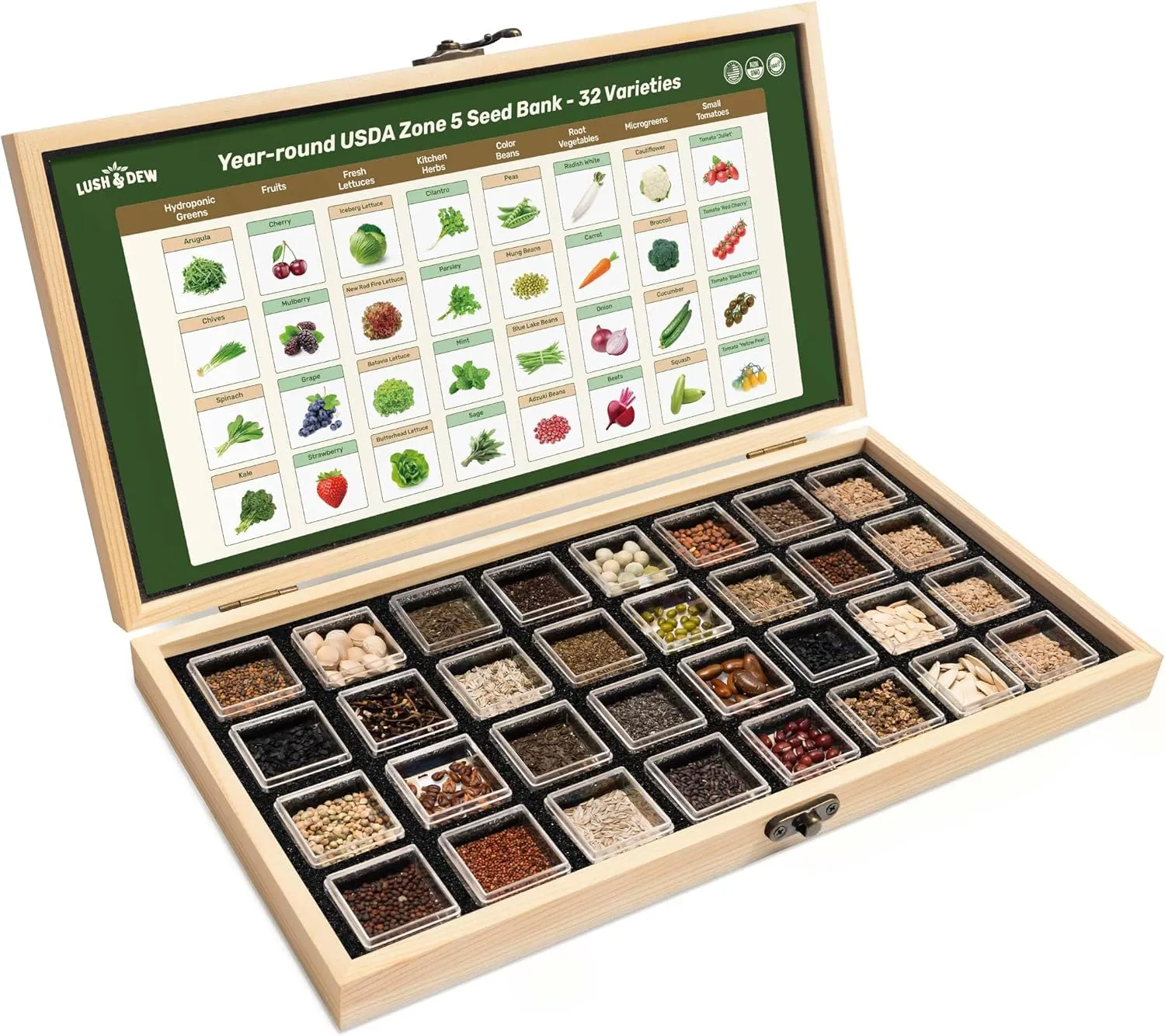 Lush&Dew Year-Round USDA Zone 5 Seed Bank, 32 Varieties Non-GMO Seeds of Vegetables, Herbs, Flowers, Fruits, Gardening Gifts, Emergency, Survival Gear Food, Indoor Outdoors Gardening (USDA Zone 5)