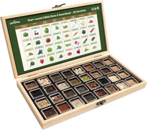 Lush&Dew Year-Round USDA Zone 5 Seed Bank, 32 Varieties Non-GMO Seeds of Vegetables, Herbs, Flowers, Fruits, Gardening Gifts, Emergency, Survival Gear Food, Indoor Outdoors Gardening (USDA Zone 5)