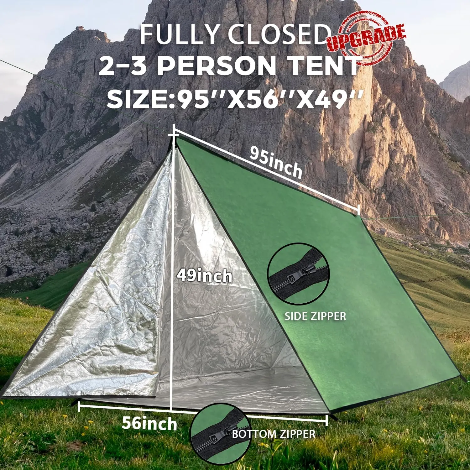 LYN Extra Large Zipper Reusable Survival Emergency Shelter Tent,Thermal Waterproof Fireproof Lightweight Bugout, with Paracord✚Stake for Camping,First Aid,Hiking&Bushcraft