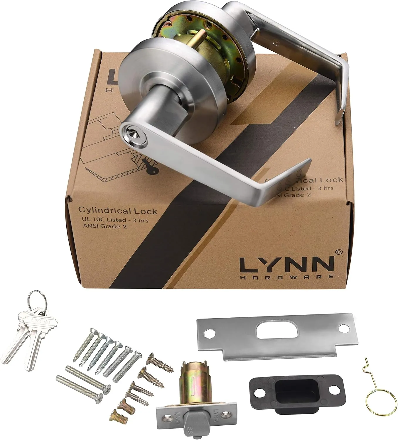 LYNN HARDWARE Commercial Door Lever Lock - Heavy-Duty Locking Door Handle, Designer Door Handles, Cylindrical Lever Lock, Non-Handed Grade 2 Door Handle, Satin Chrome, Classroom Function