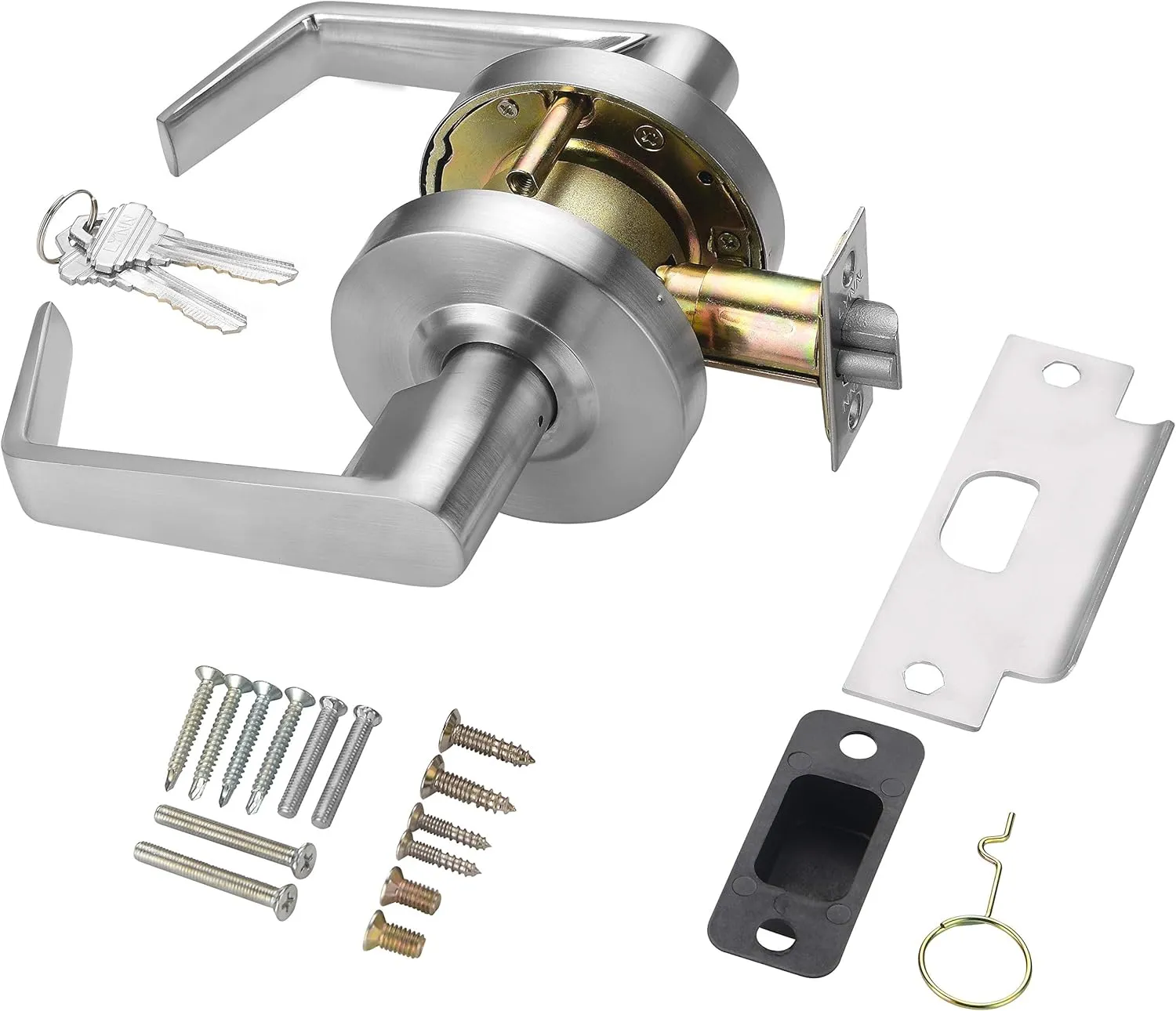 LYNN HARDWARE Commercial Door Lever Lock - Heavy-Duty Locking Door Handle, Designer Door Handles, Cylindrical Lever Lock, Non-Handed Grade 2 Door Handle, Satin Chrome, Classroom Function