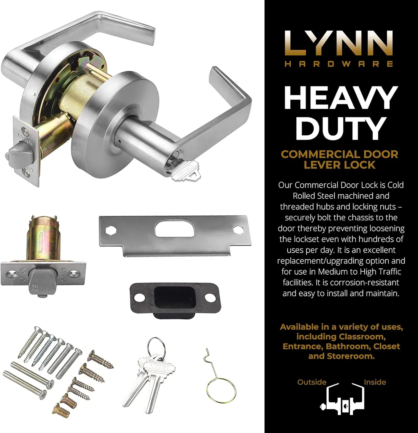 LYNN HARDWARE Commercial Door Lever Lock - Heavy-Duty Locking Door Handle, Designer Door Handles, Cylindrical Lever Lock, Non-Handed Grade 2 Door Handle, Satin Chrome, Classroom Function