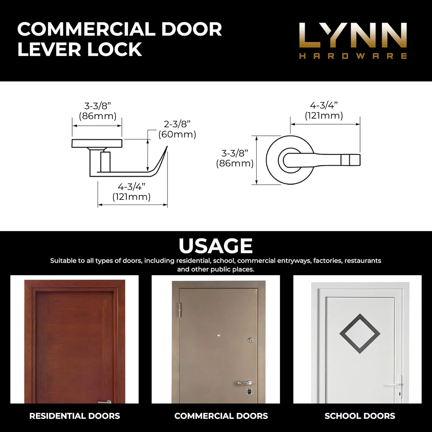 LYNN HARDWARE Commercial Door Lever Lock - Heavy-Duty Locking Door Handle, Designer Door Handles, Cylindrical Lever Lock, Non-Handed Grade 2 Door Handle, Satin Chrome, Classroom Function