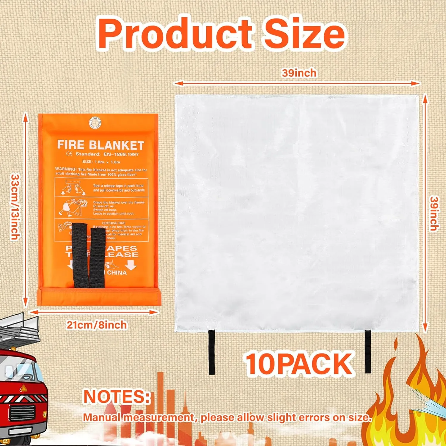 Macarrie 10 Pack 39” x 39” Fire Blanket Emergency for Home Kitchen Safety Suppression Blanket Fiberglass Fireproof Survival for Car Office (Orange)