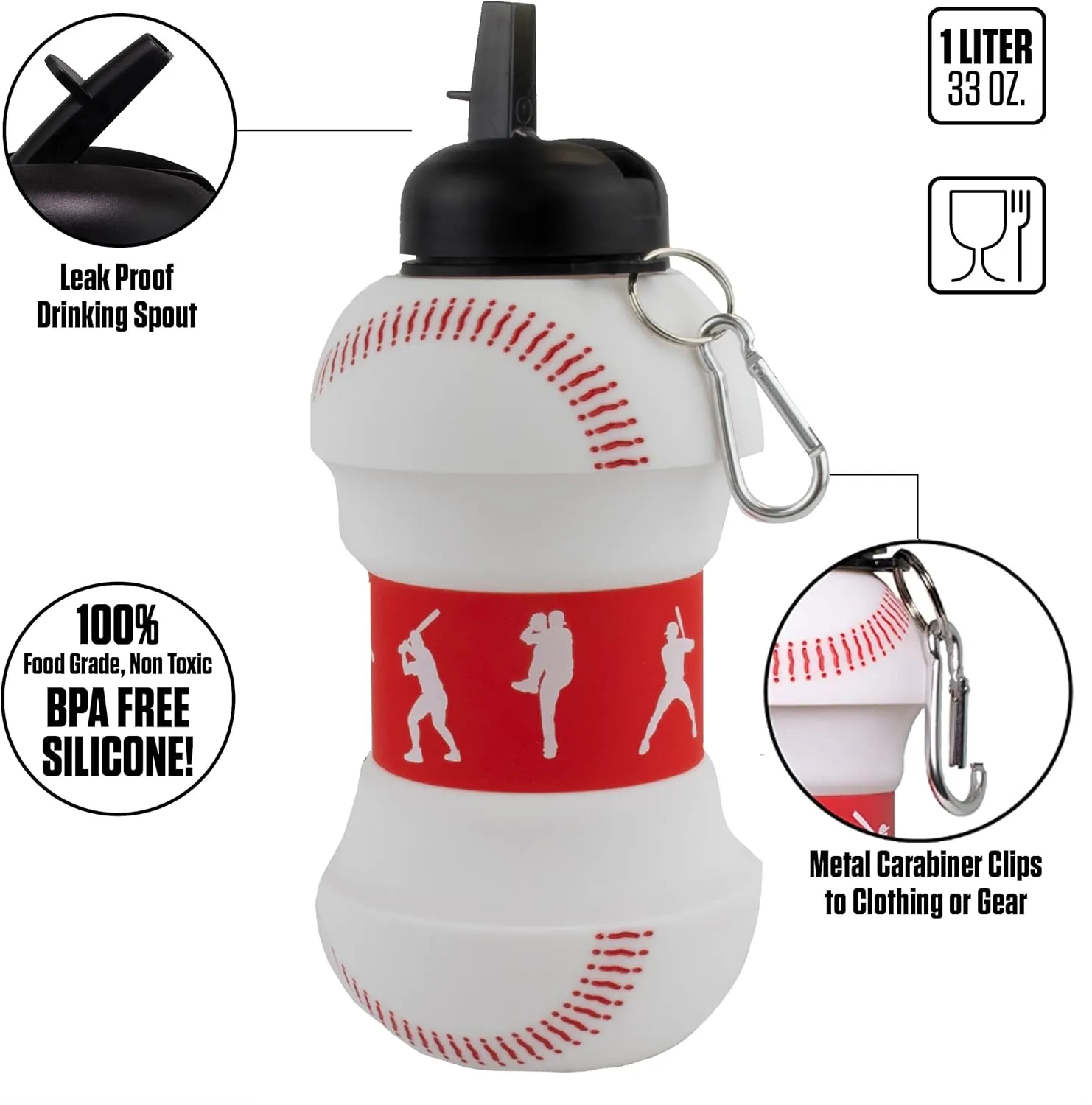 Maccabi Art Clip-On Collapsible 1 Liter, 34 oz. size BPA-Free Silicone Baseball Large Water Bottle for Kids