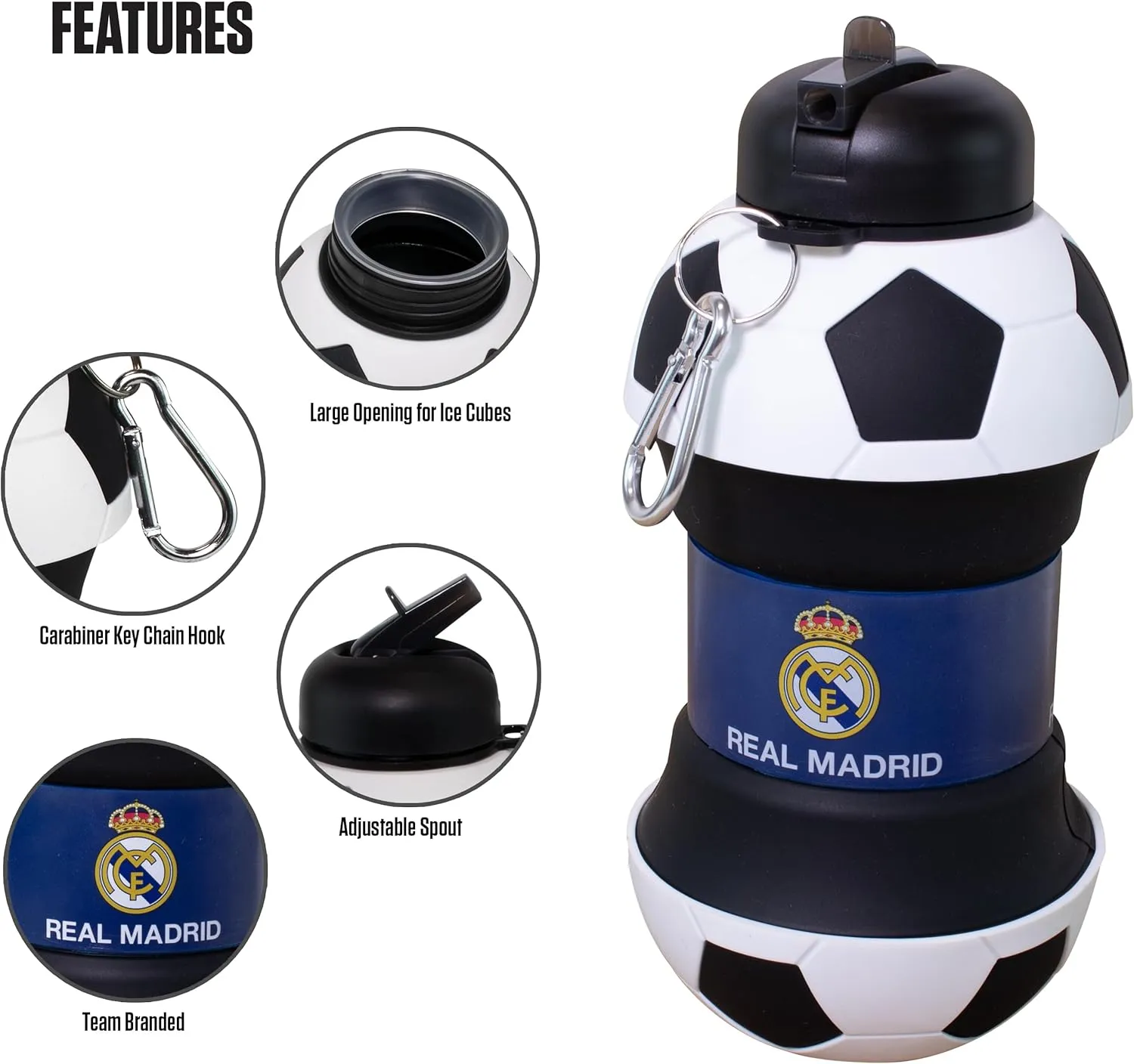 Maccabi ART Real Madrid Clip-On Collapsible 1 Liter, 34 oz. size BPA-Free Silicone Soccer Large Water Bottle