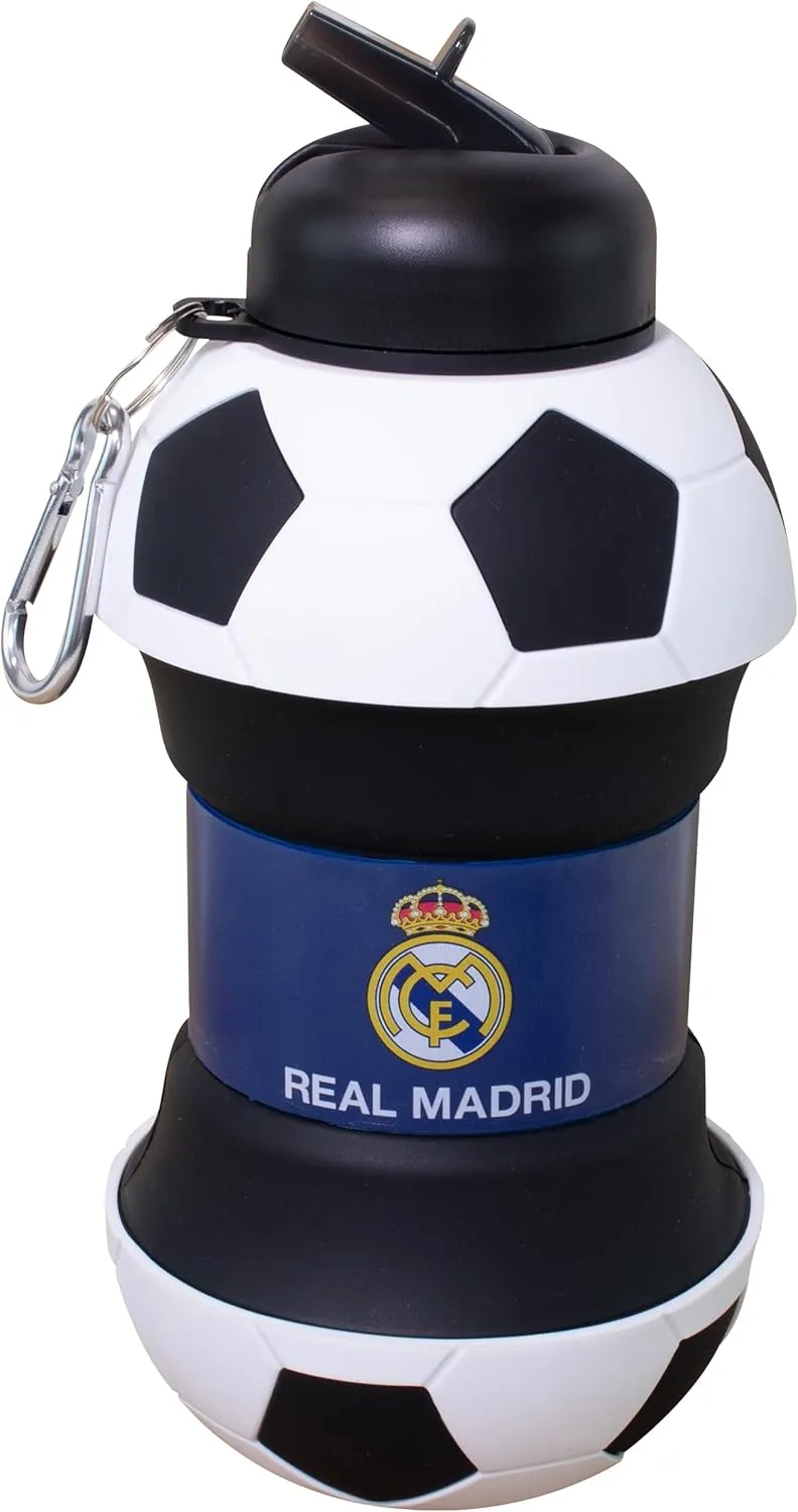 Maccabi ART Real Madrid Clip-On Collapsible 1 Liter, 34 oz. size BPA-Free Silicone Soccer Large Water Bottle