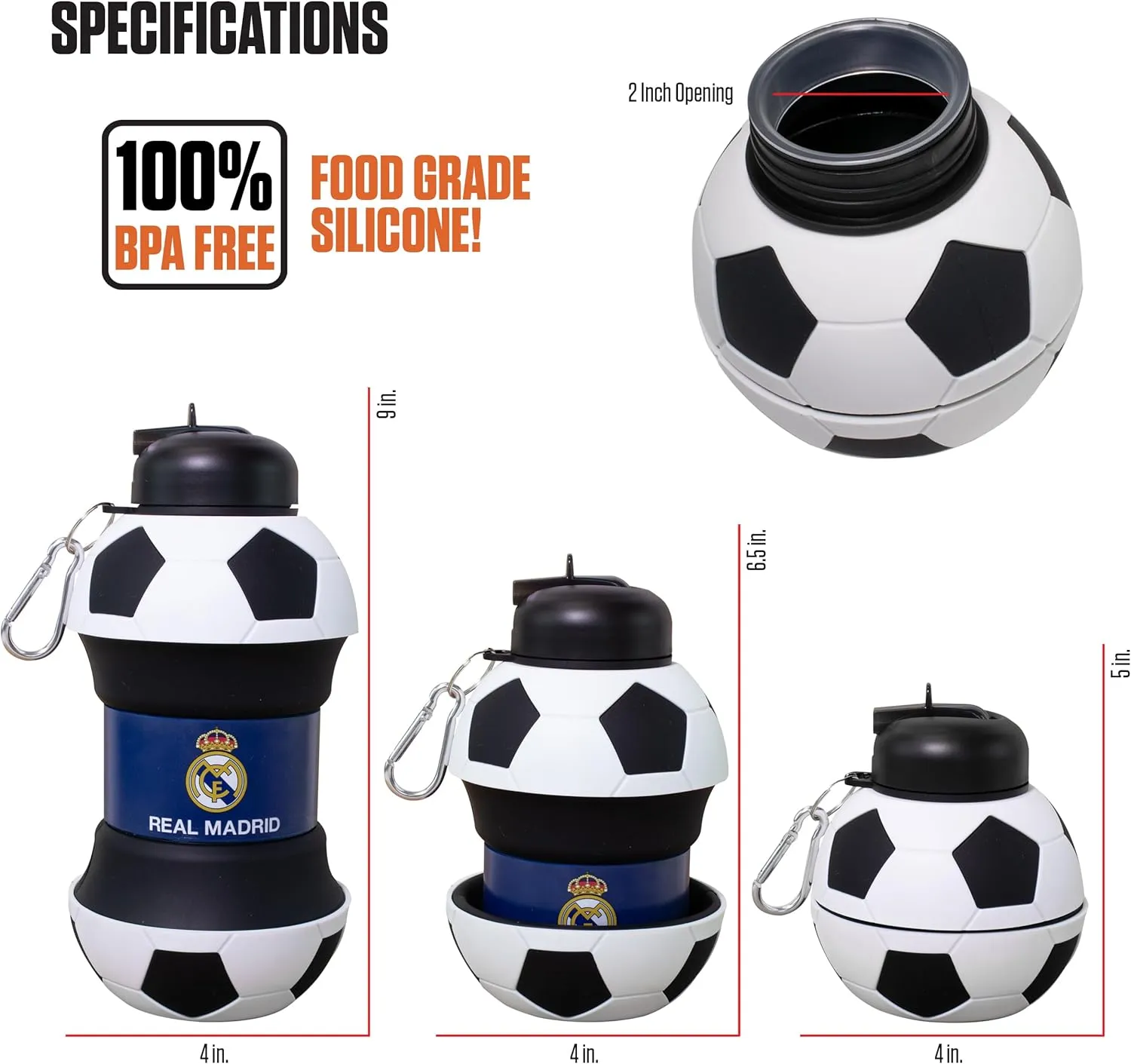 Maccabi ART Real Madrid Clip-On Collapsible 1 Liter, 34 oz. size BPA-Free Silicone Soccer Large Water Bottle