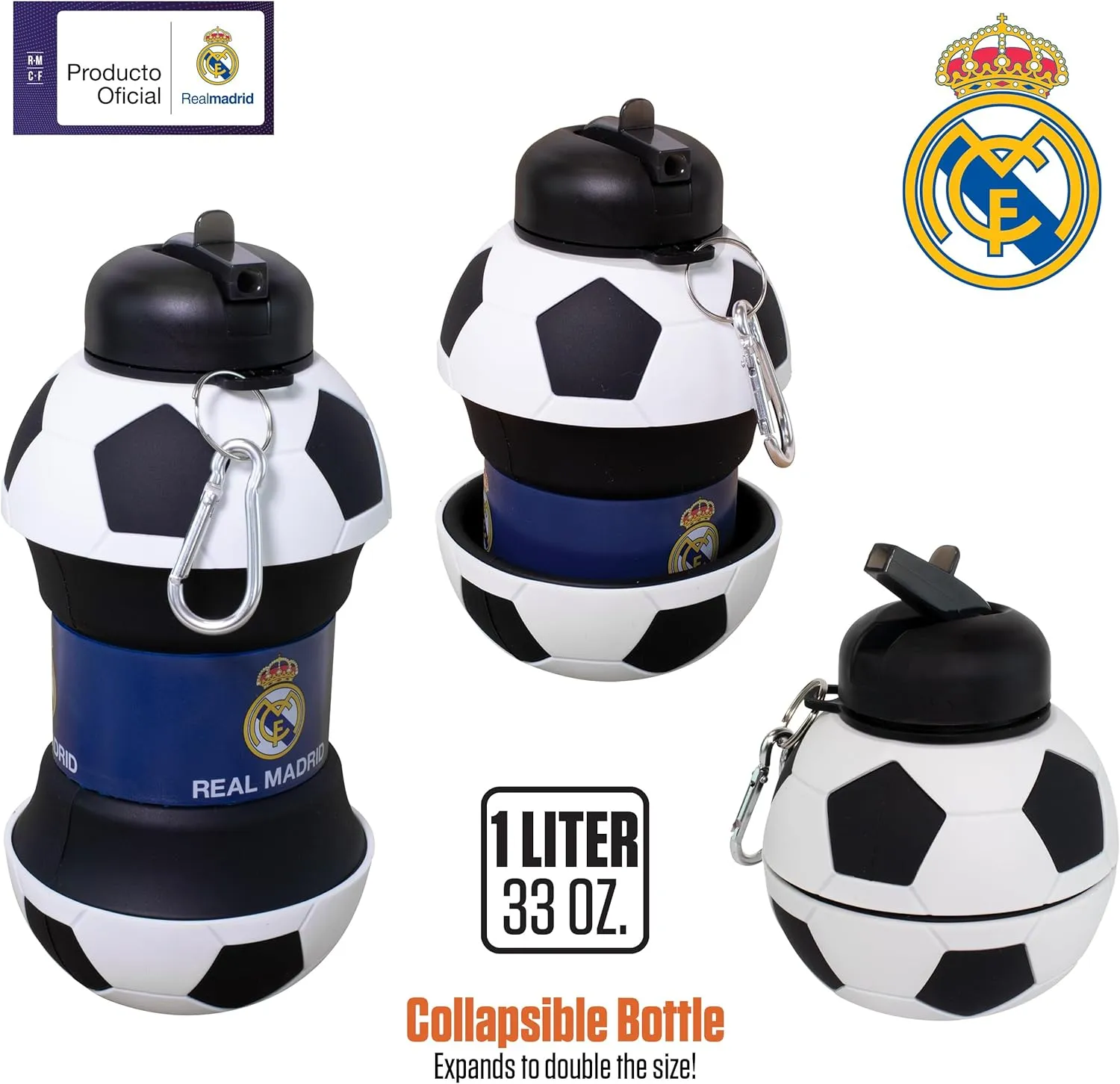 Maccabi ART Real Madrid Clip-On Collapsible 1 Liter, 34 oz. size BPA-Free Silicone Soccer Large Water Bottle