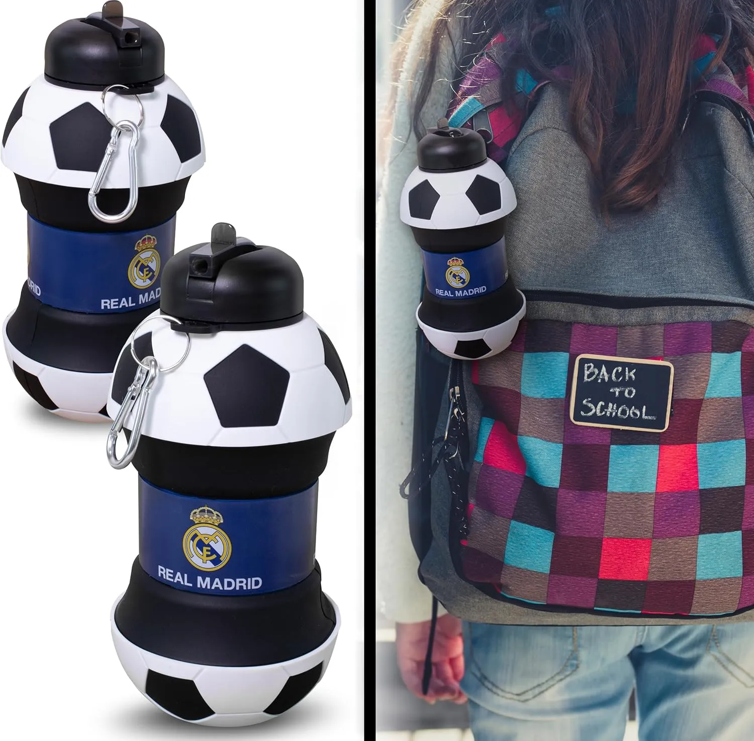 Maccabi ART Real Madrid Clip-On Collapsible 1 Liter, 34 oz. size BPA-Free Silicone Soccer Large Water Bottle